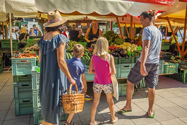 Farmers market with local produce and community food vendors